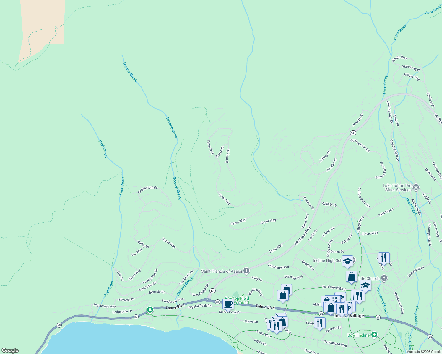 map of restaurants, bars, coffee shops, grocery stores, and more near 945 Tyner Way in Incline Village