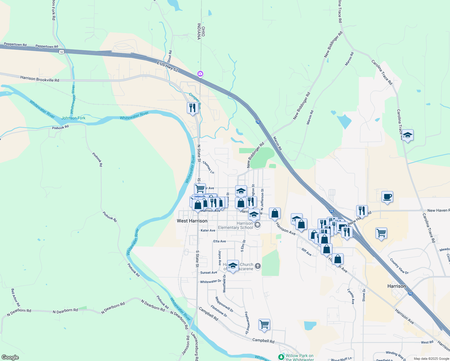 map of restaurants, bars, coffee shops, grocery stores, and more near 311 North Vine Street in Harrison
