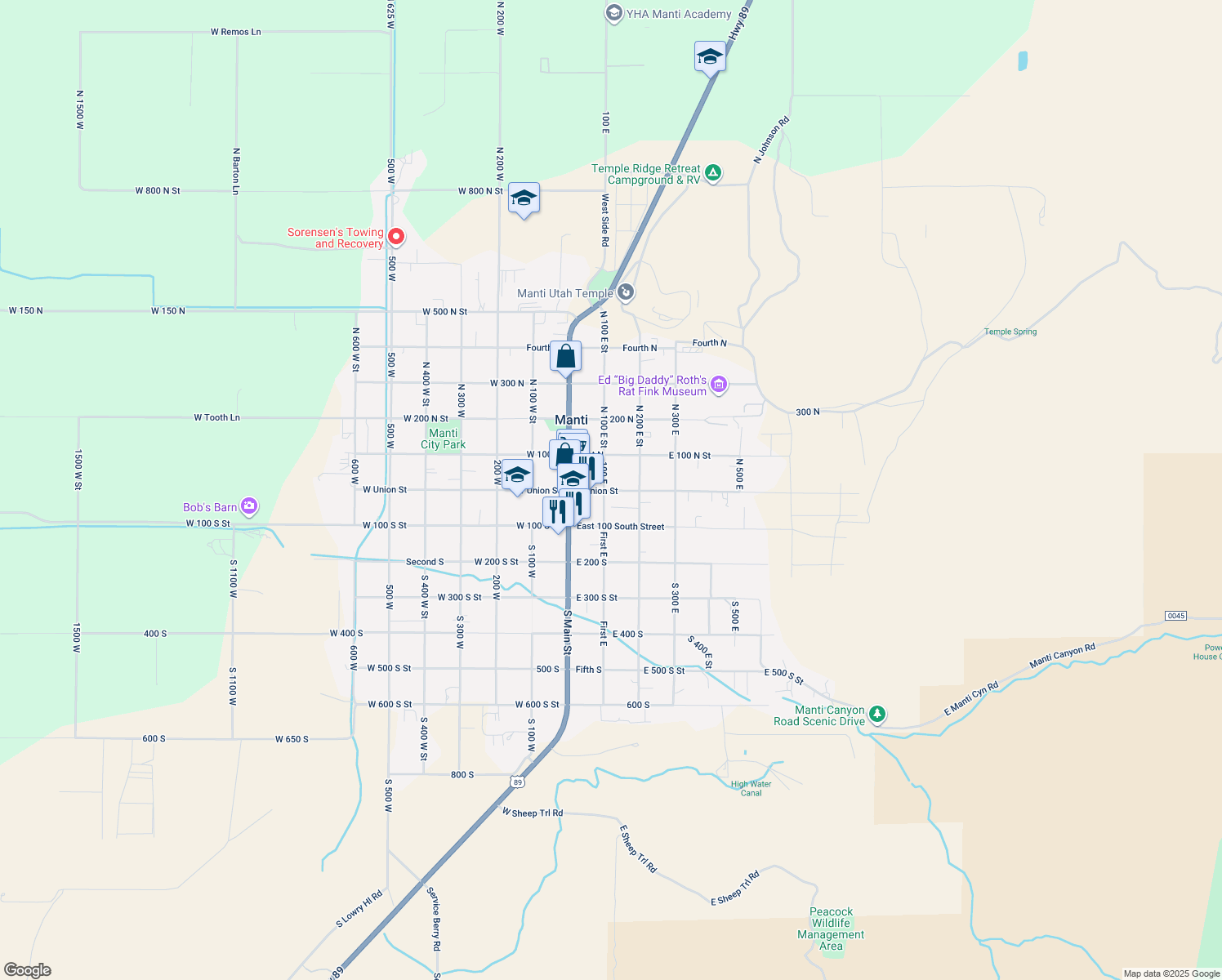 map of restaurants, bars, coffee shops, grocery stores, and more near 123 East Union Street in Manti