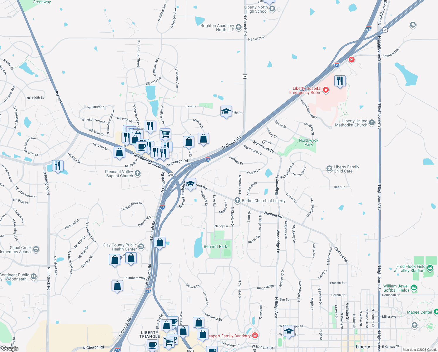 map of restaurants, bars, coffee shops, grocery stores, and more near 1507 Lake Road in Liberty