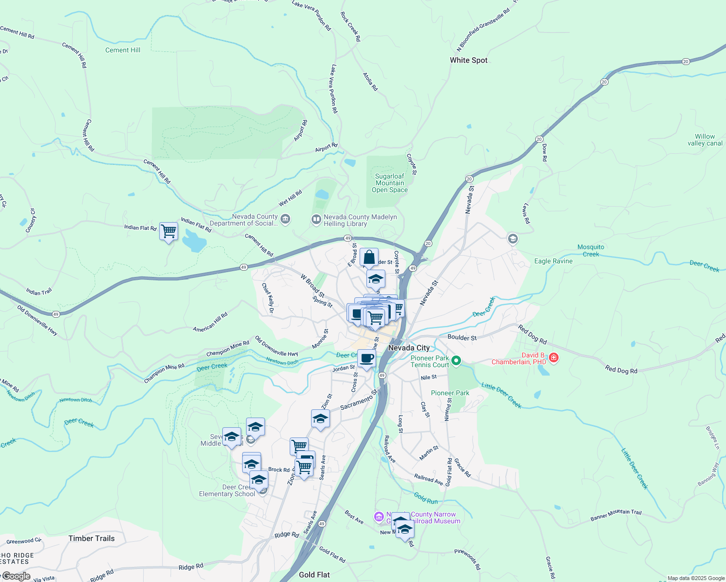 map of restaurants, bars, coffee shops, grocery stores, and more near 524 N Pine St in Nevada City