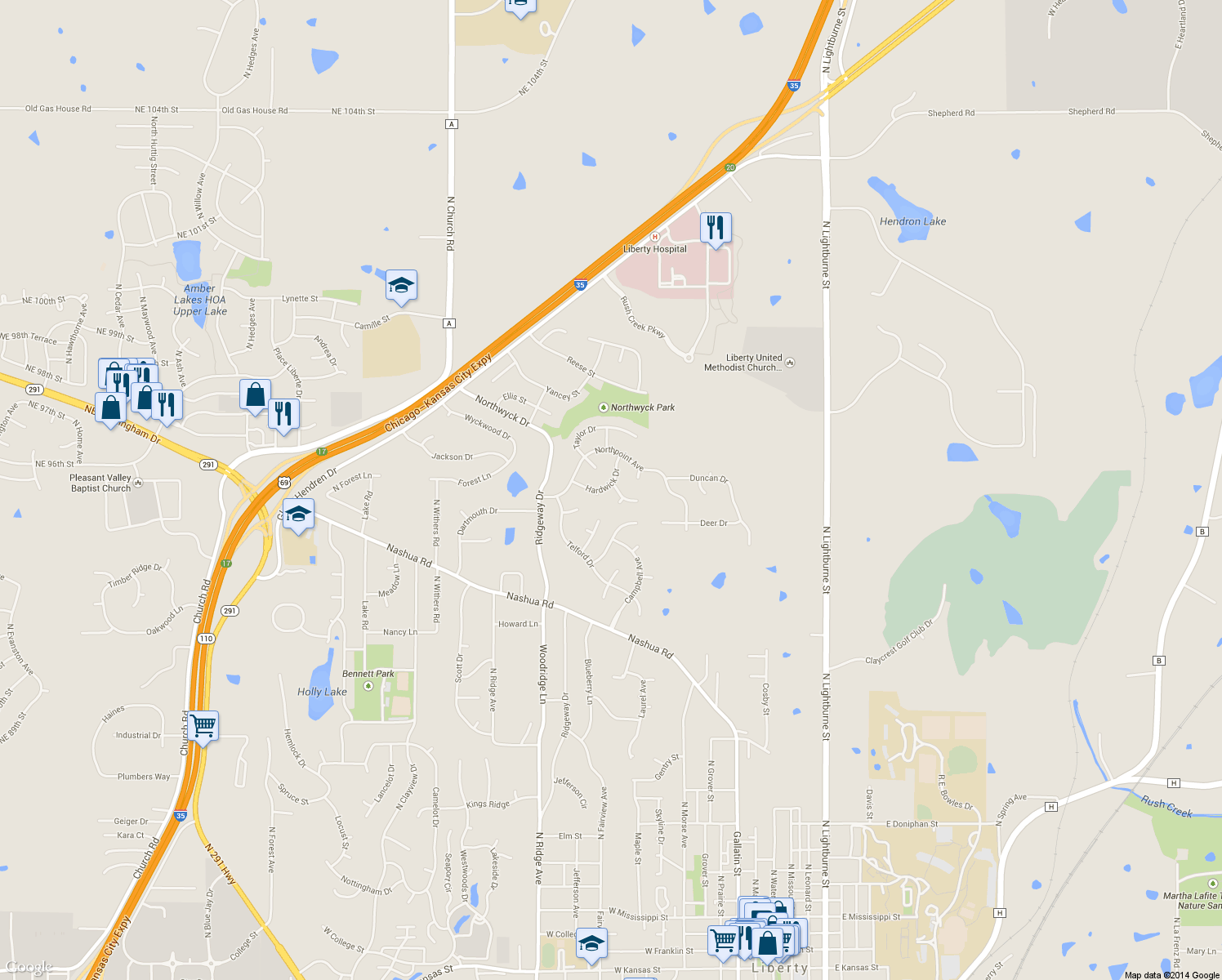map of restaurants, bars, coffee shops, grocery stores, and more near 1515 Hardwick Drive in Liberty