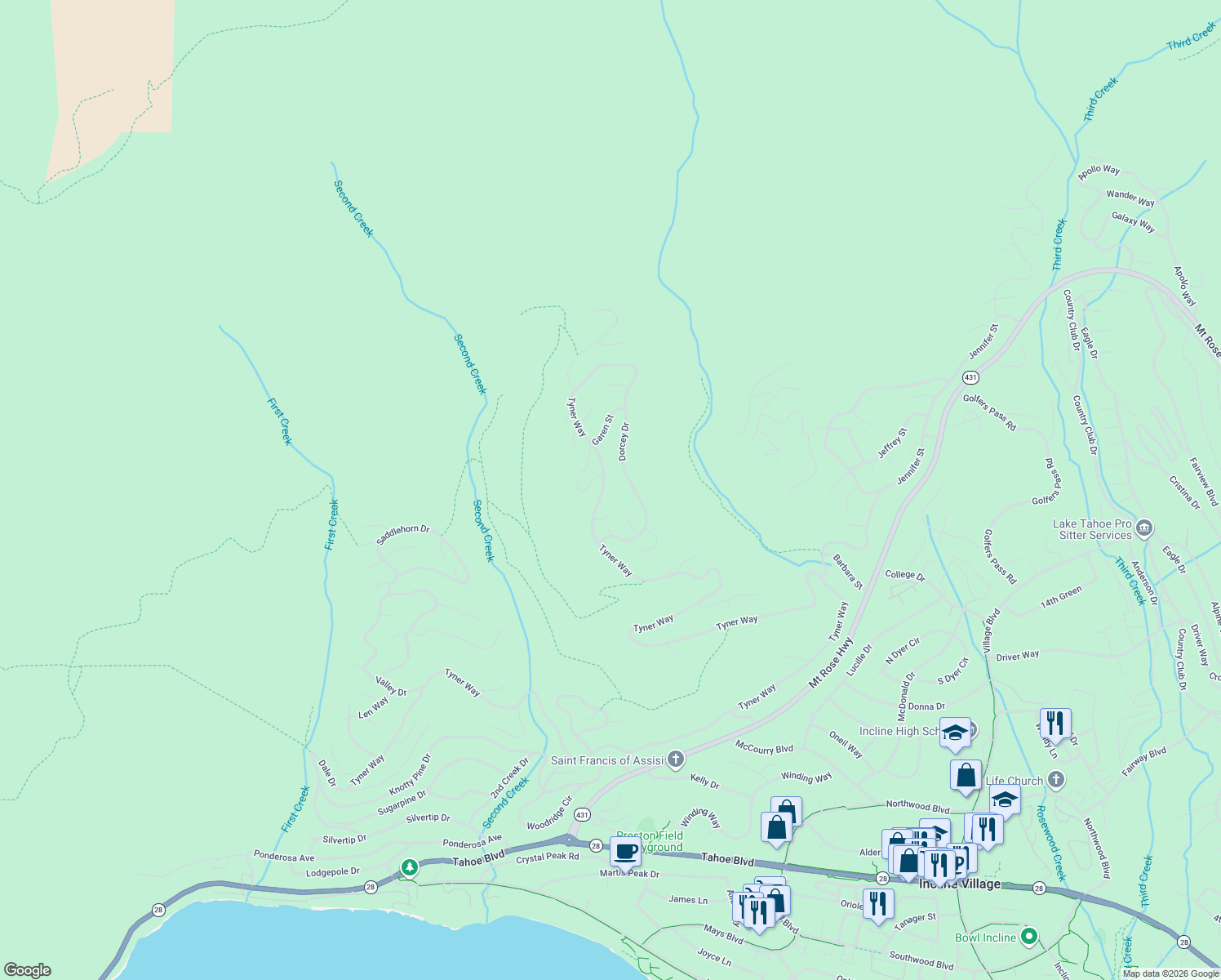 map of restaurants, bars, coffee shops, grocery stores, and more near 945 Tyner Way in Incline Village