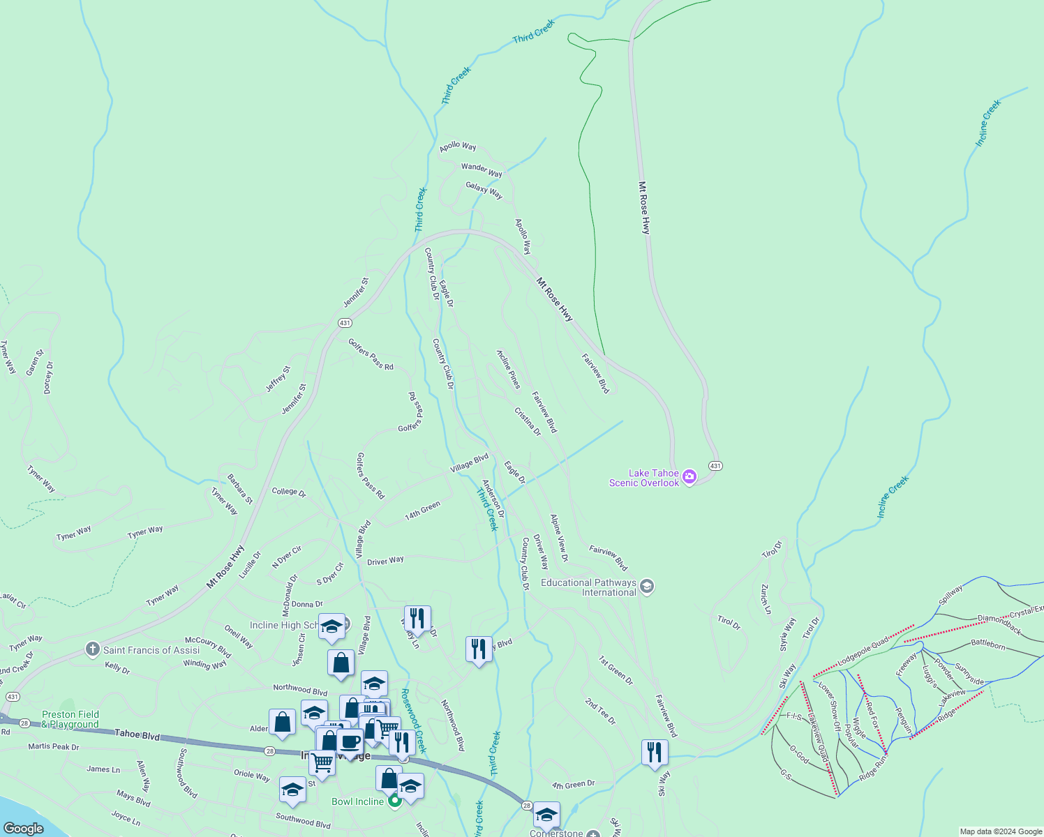 map of restaurants, bars, coffee shops, grocery stores, and more near 707 Cristina Drive in Incline Village