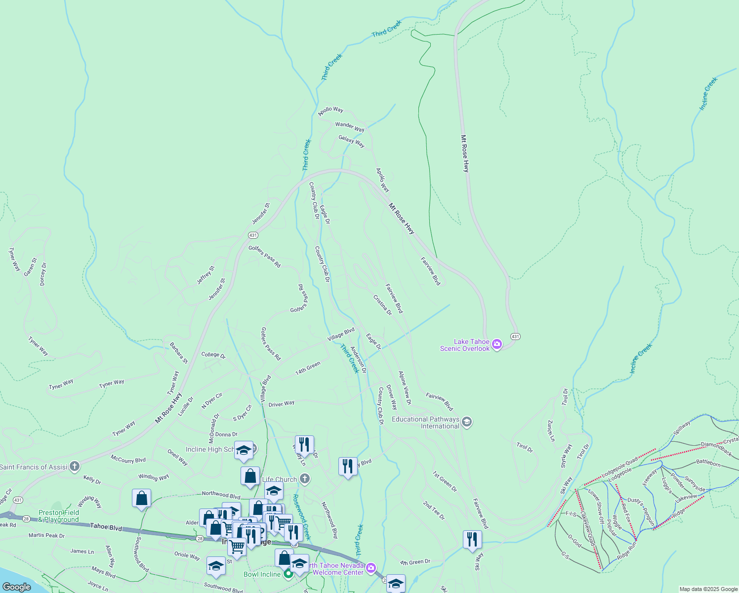 map of restaurants, bars, coffee shops, grocery stores, and more near 707 Cristina Drive in Incline Village