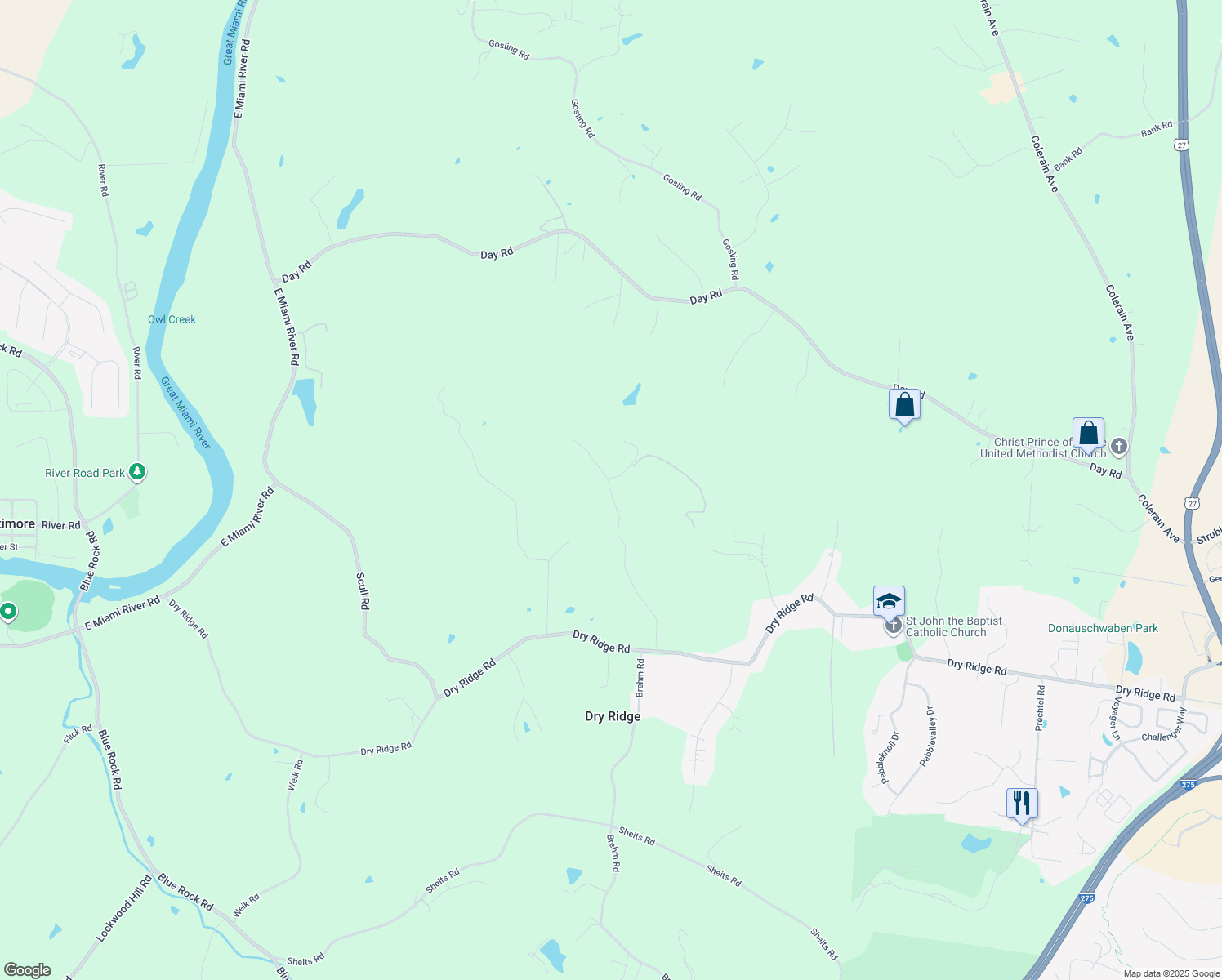 map of restaurants, bars, coffee shops, grocery stores, and more near 10382 Owl Creek Road in Cincinnati