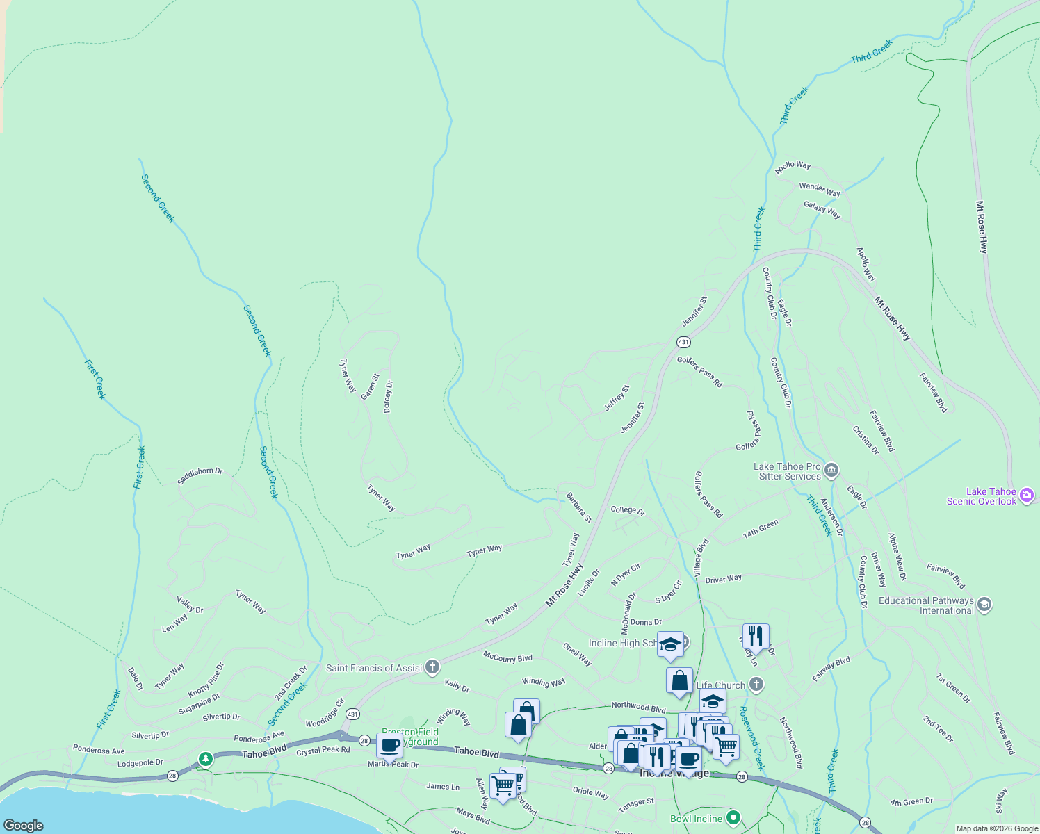 map of restaurants, bars, coffee shops, grocery stores, and more near 763 Judith Court in Incline Village