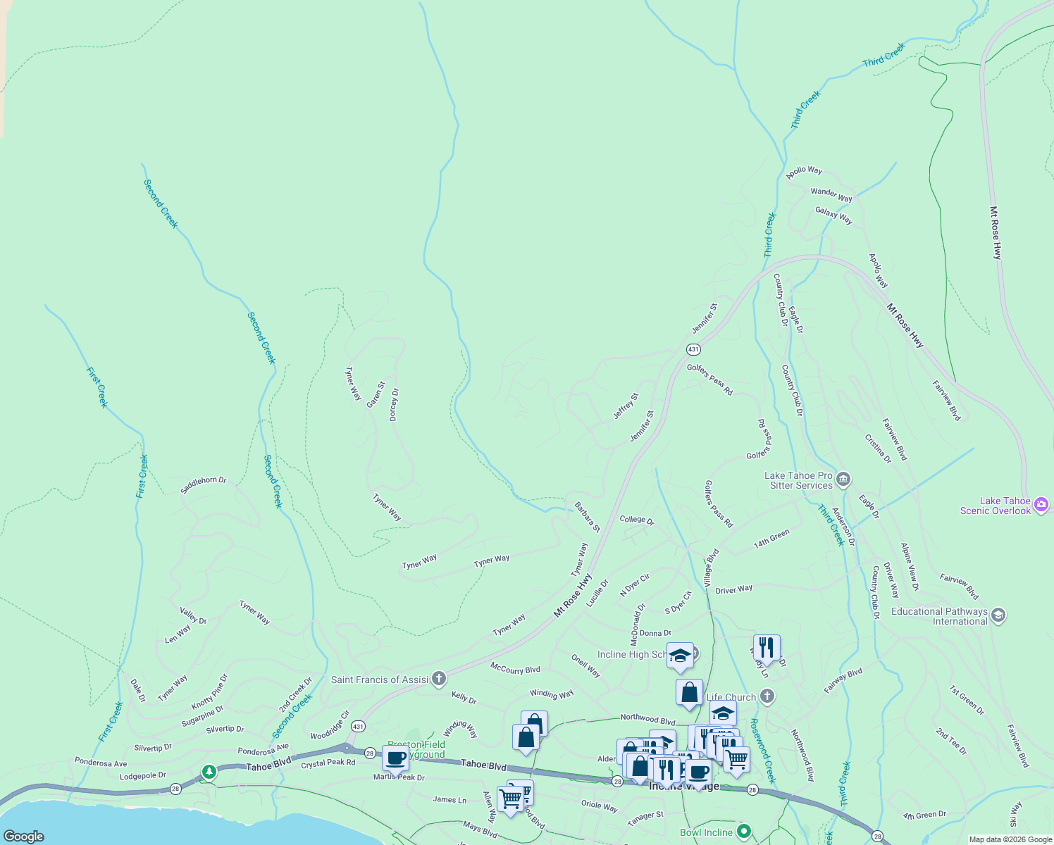 map of restaurants, bars, coffee shops, grocery stores, and more near 763 Judith Court in Incline Village