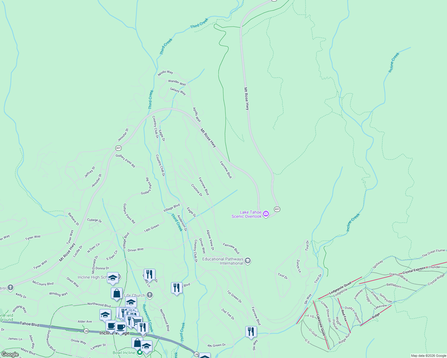 map of restaurants, bars, coffee shops, grocery stores, and more near 708 Champagne Road in Incline Village