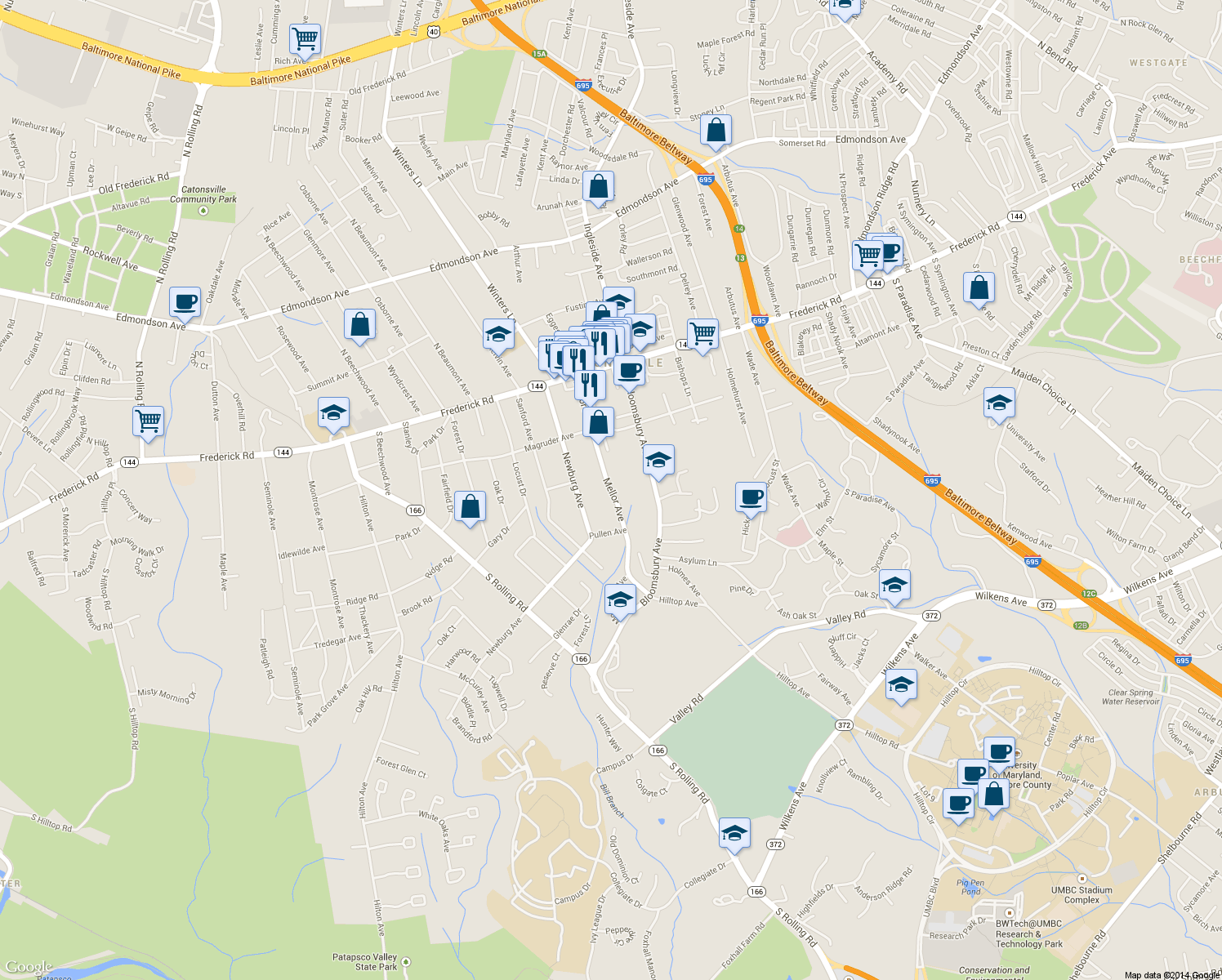 map of restaurants, bars, coffee shops, grocery stores, and more near Mellor Avenue in Catonsville