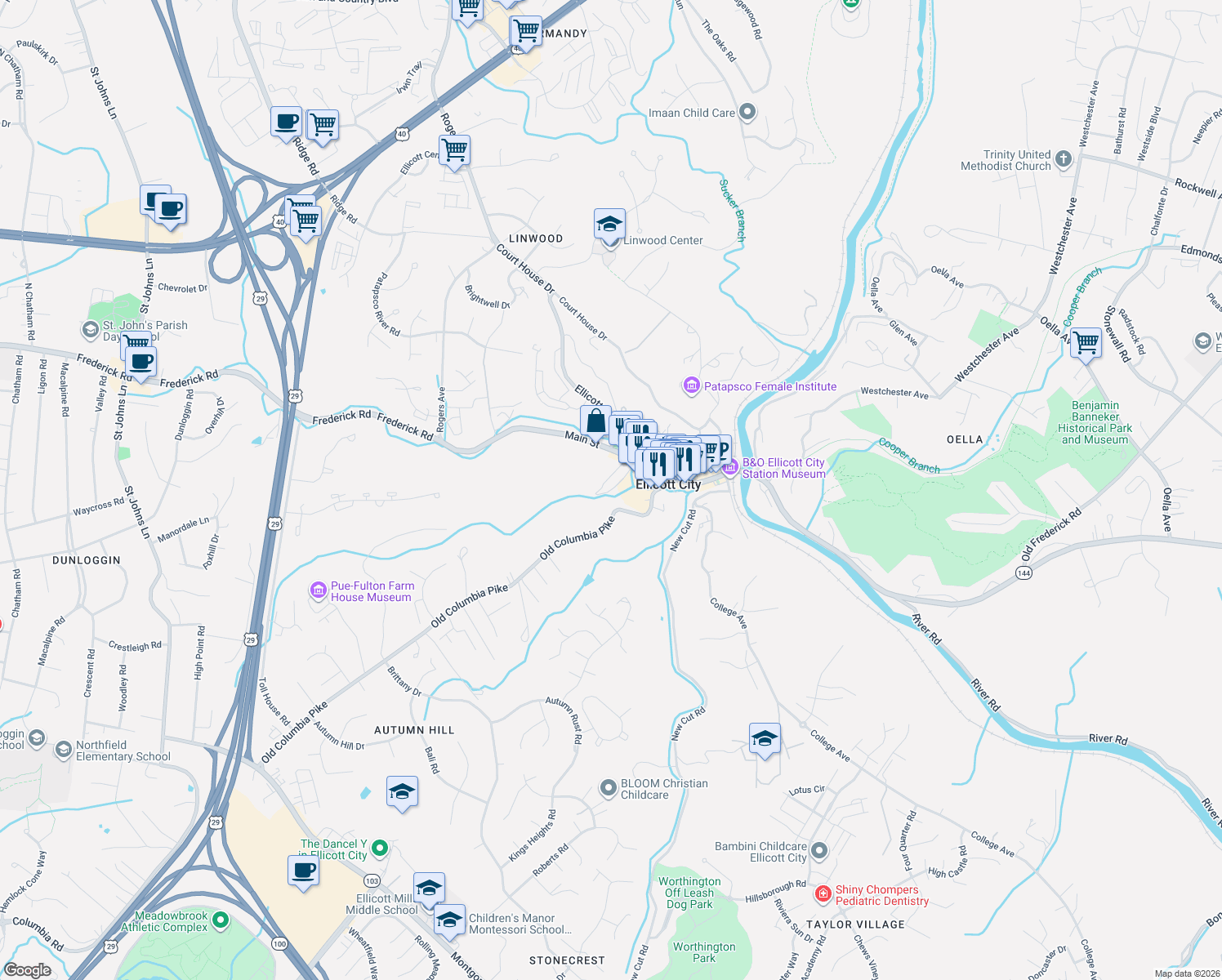 map of restaurants, bars, coffee shops, grocery stores, and more near 8472 Merryman Street in Ellicott City