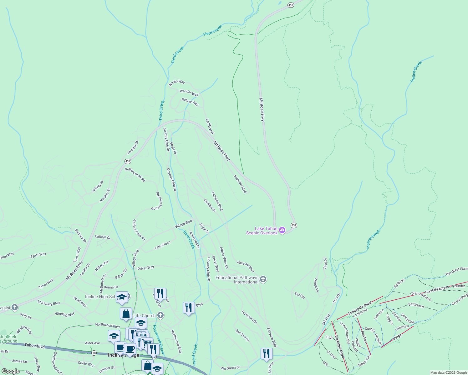 map of restaurants, bars, coffee shops, grocery stores, and more near 708 Champagne Road in Incline Village