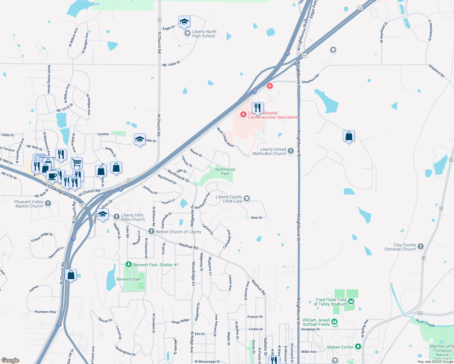 map of restaurants, bars, coffee shops, grocery stores, and more near 514 Taylor Drive in Liberty