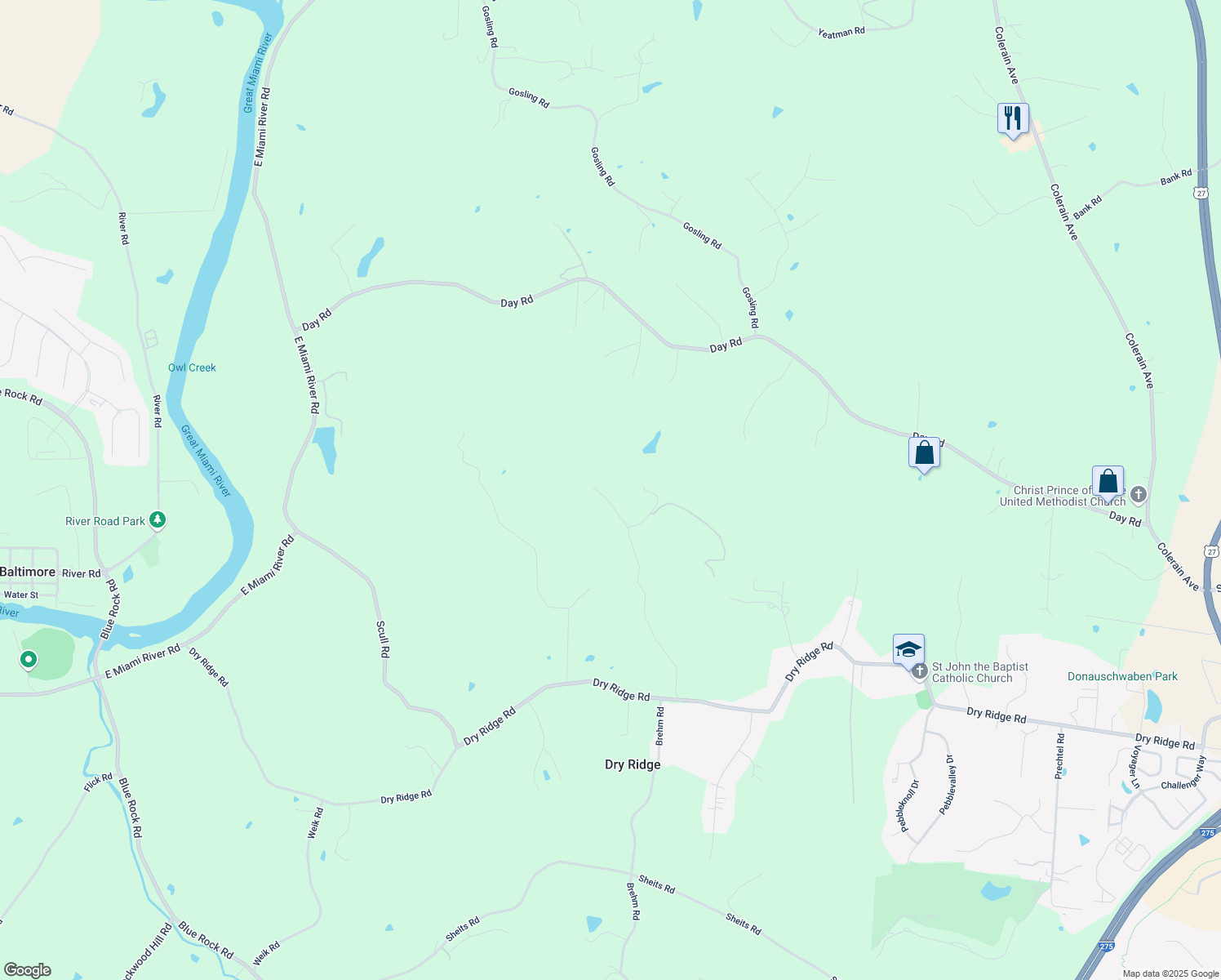 map of restaurants, bars, coffee shops, grocery stores, and more near 10376 Owl Creek Road in Cincinnati