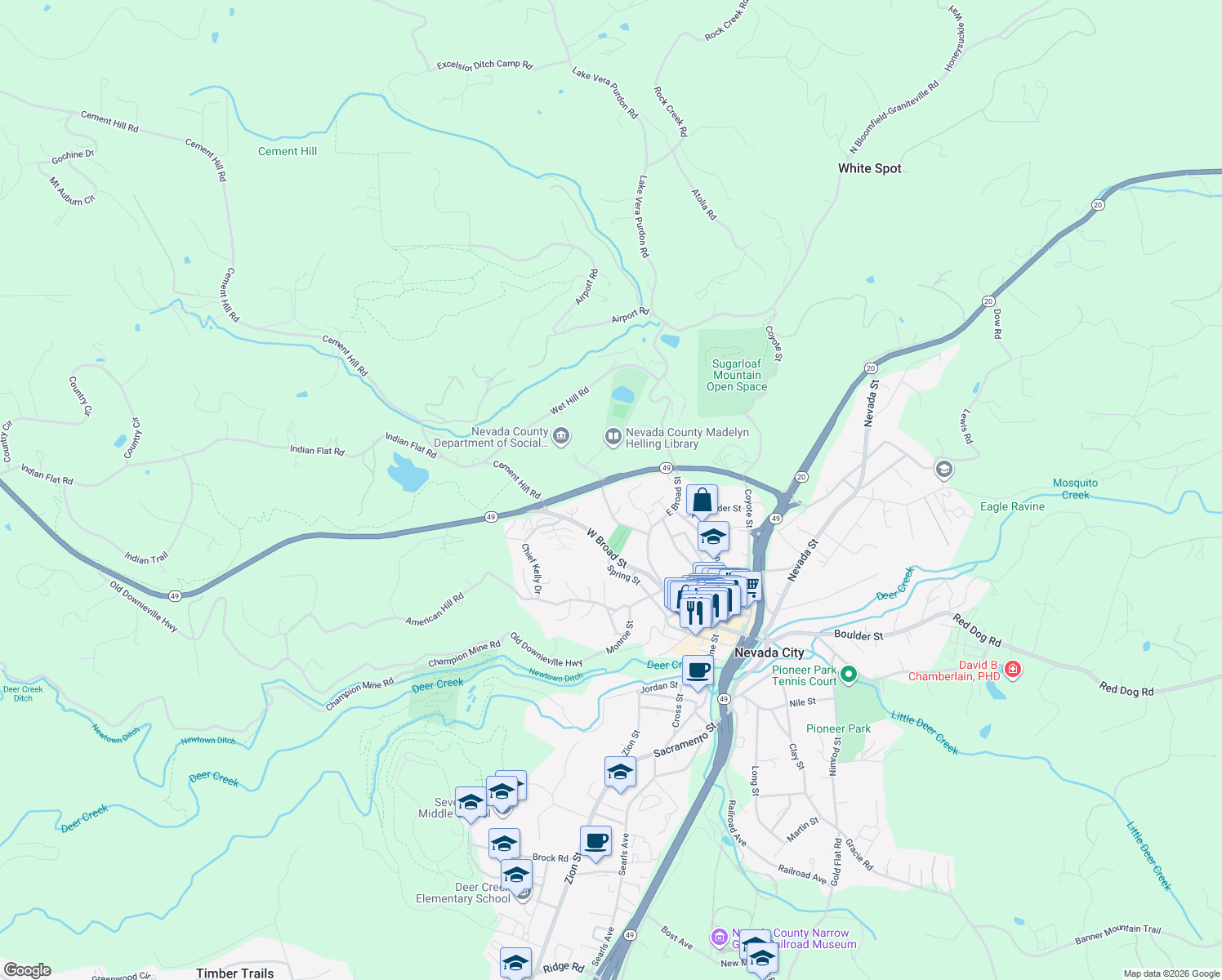 map of restaurants, bars, coffee shops, grocery stores, and more near 144 Orchard St in Nevada City