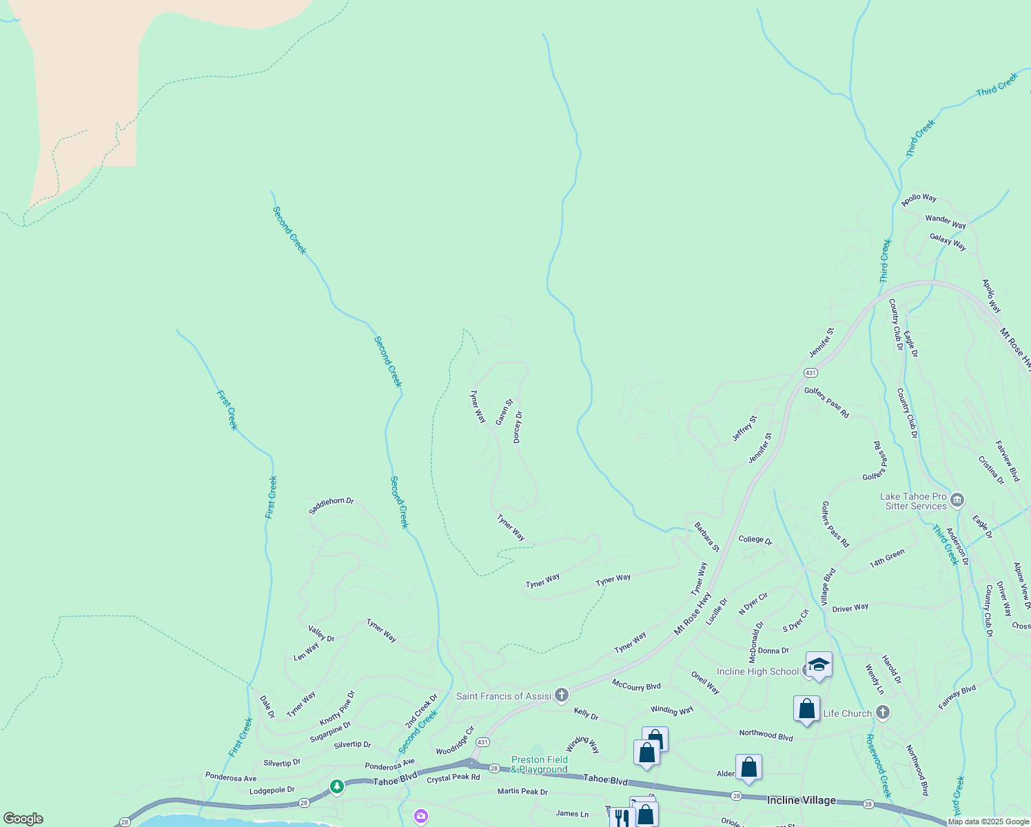 map of restaurants, bars, coffee shops, grocery stores, and more near 984 Dorcey Drive in Incline Village