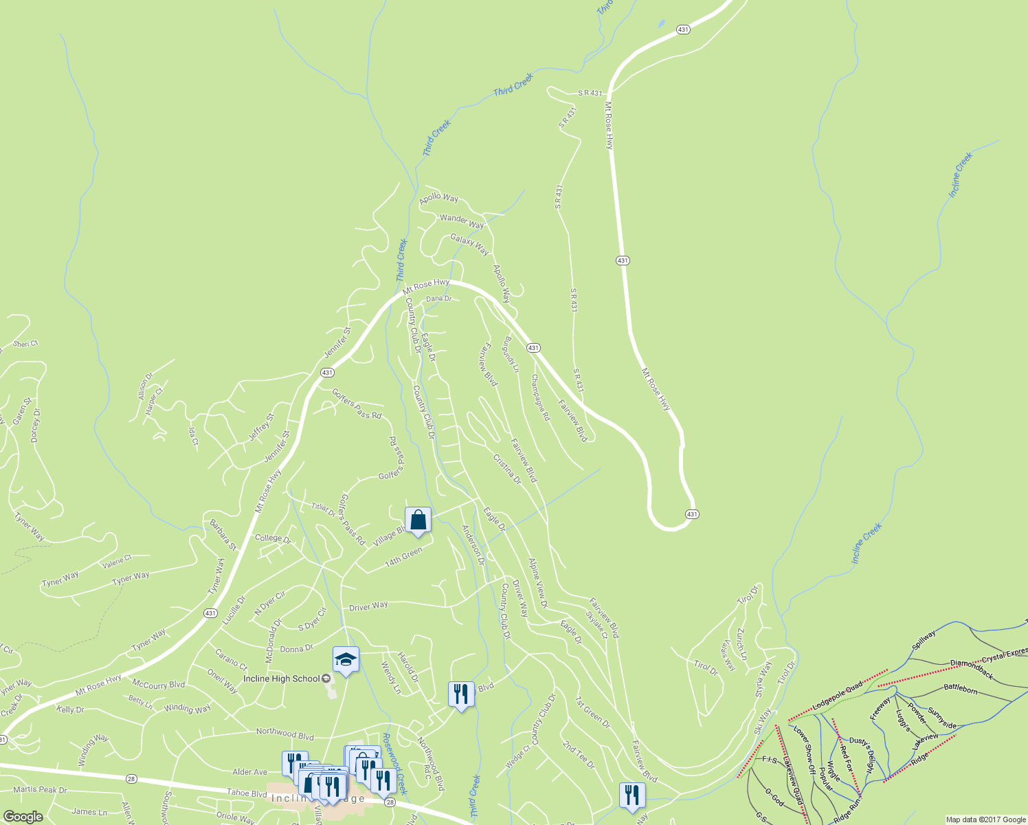 map of restaurants, bars, coffee shops, grocery stores, and more near 735 Burgundy Lane in Incline Village