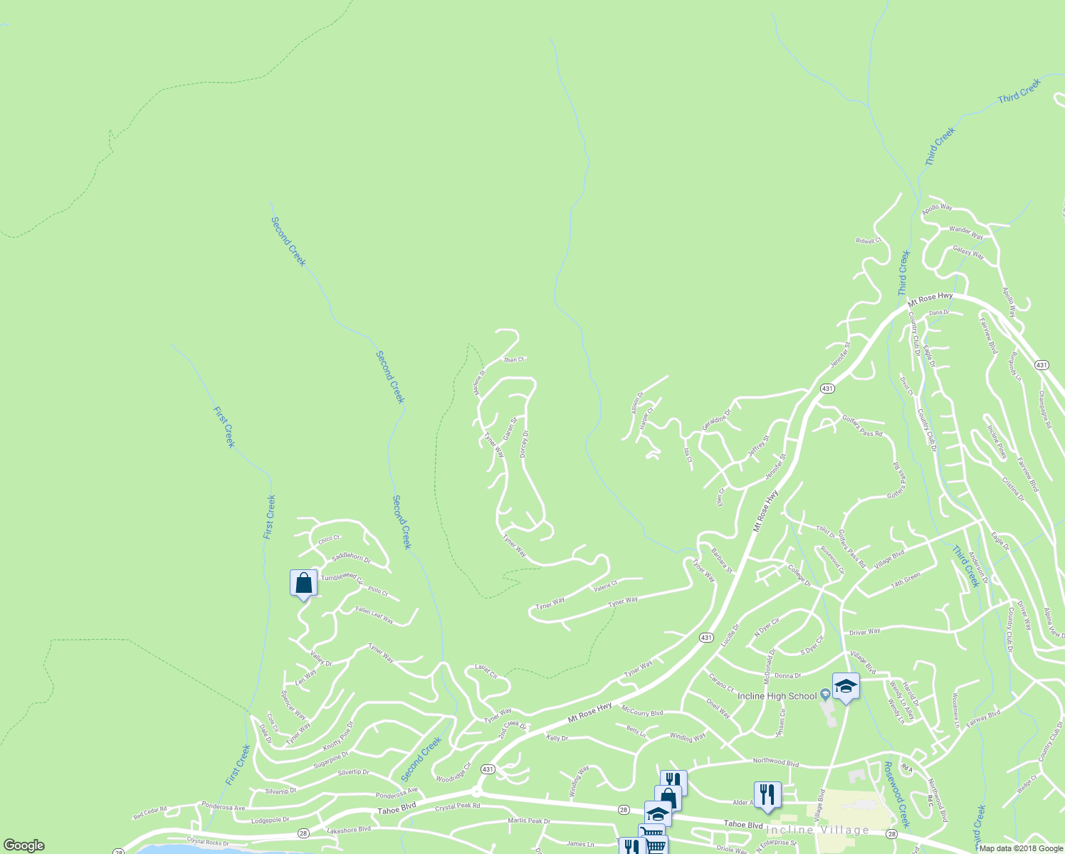 map of restaurants, bars, coffee shops, grocery stores, and more near 984 Dorcey Drive in Incline Village
