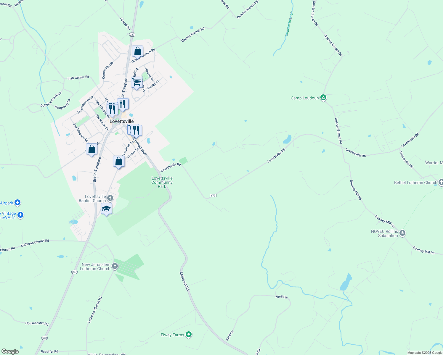 map of restaurants, bars, coffee shops, grocery stores, and more near 39785 Overlook Knolls Road in Lovettsville