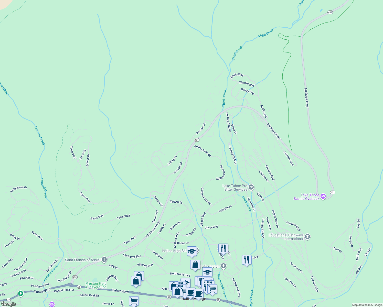 map of restaurants, bars, coffee shops, grocery stores, and more near 875 Jennifer Street in Incline Village