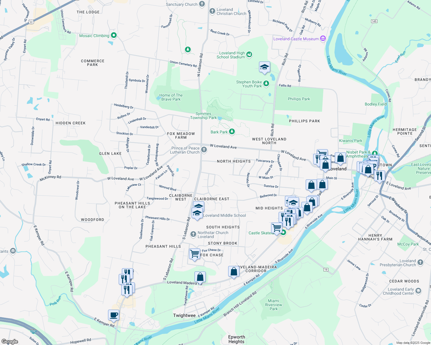 map of restaurants, bars, coffee shops, grocery stores, and more near 154 Cannonade Dr in Loveland