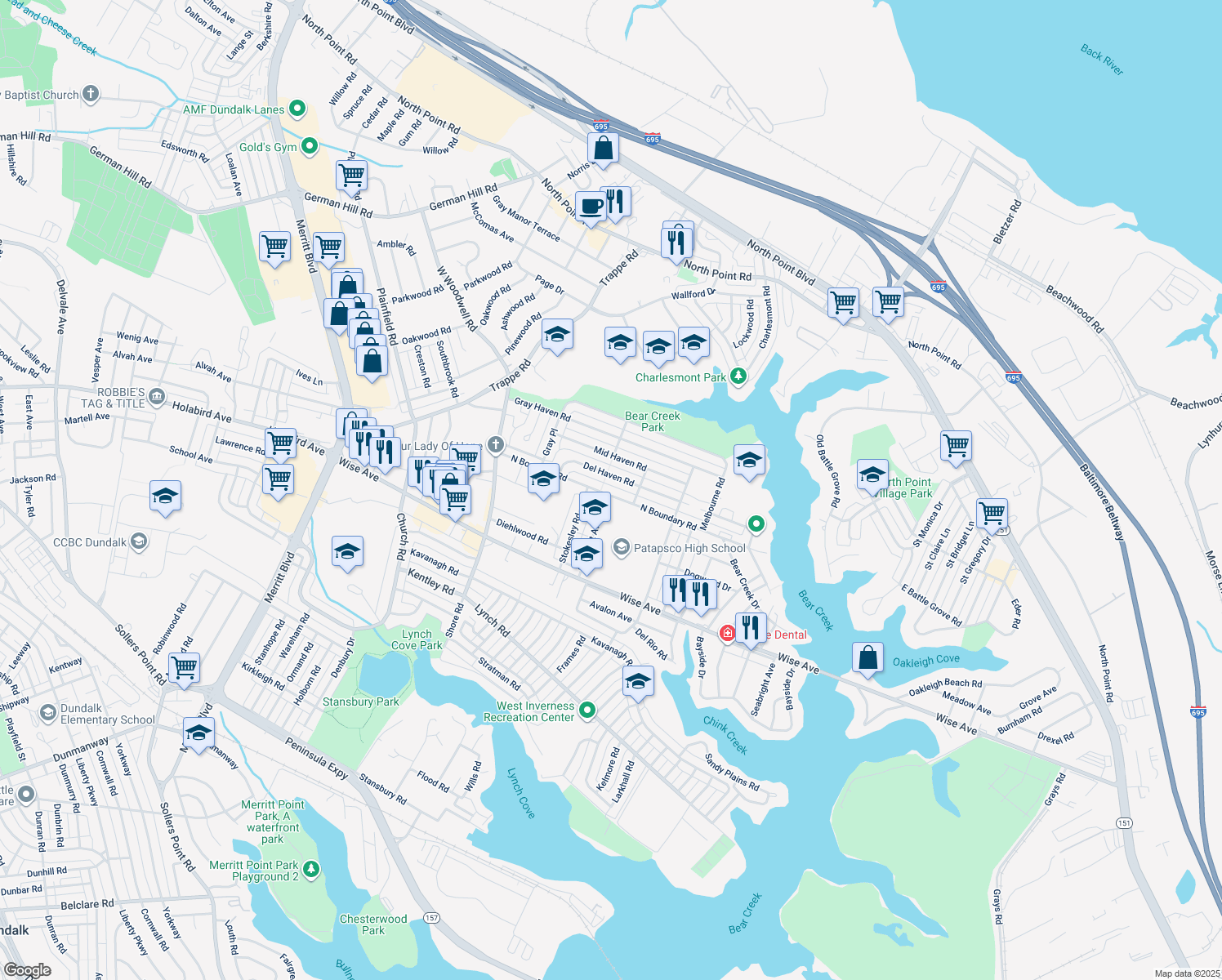 map of restaurants, bars, coffee shops, grocery stores, and more near 8110 North Boundary Road in Dundalk