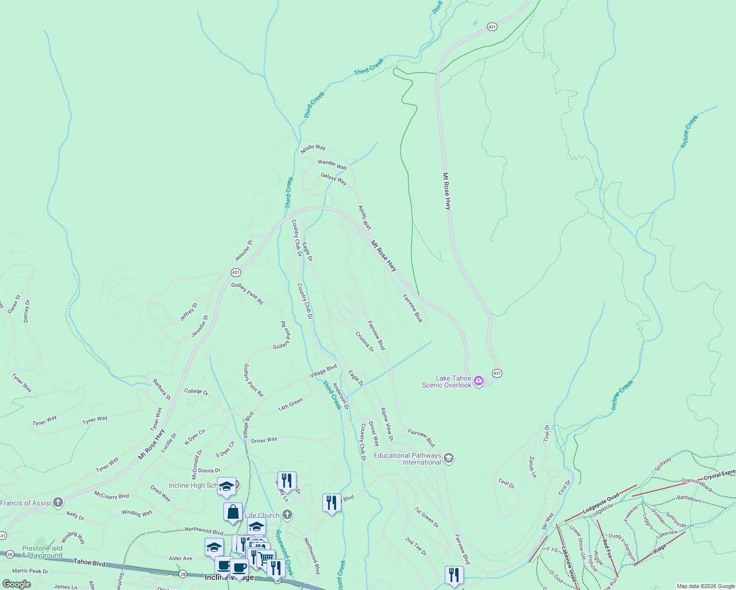 map of restaurants, bars, coffee shops, grocery stores, and more near 735 Burgundy Lane in Incline Village
