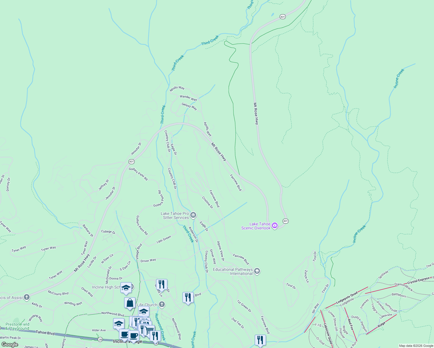 map of restaurants, bars, coffee shops, grocery stores, and more near 735 Burgundy Lane in Incline Village