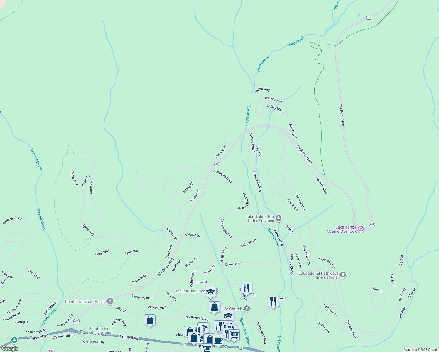 map of restaurants, bars, coffee shops, grocery stores, and more near 693 Wilson Way in Incline Village