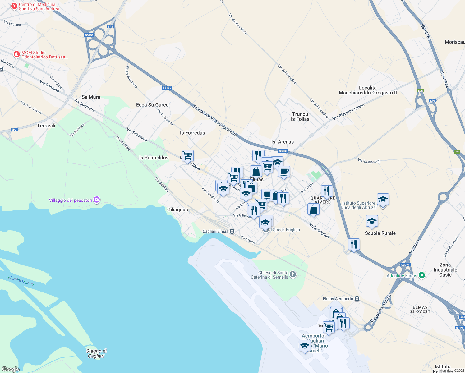 map of restaurants, bars, coffee shops, grocery stores, and more near Via Oliveto in Elmas