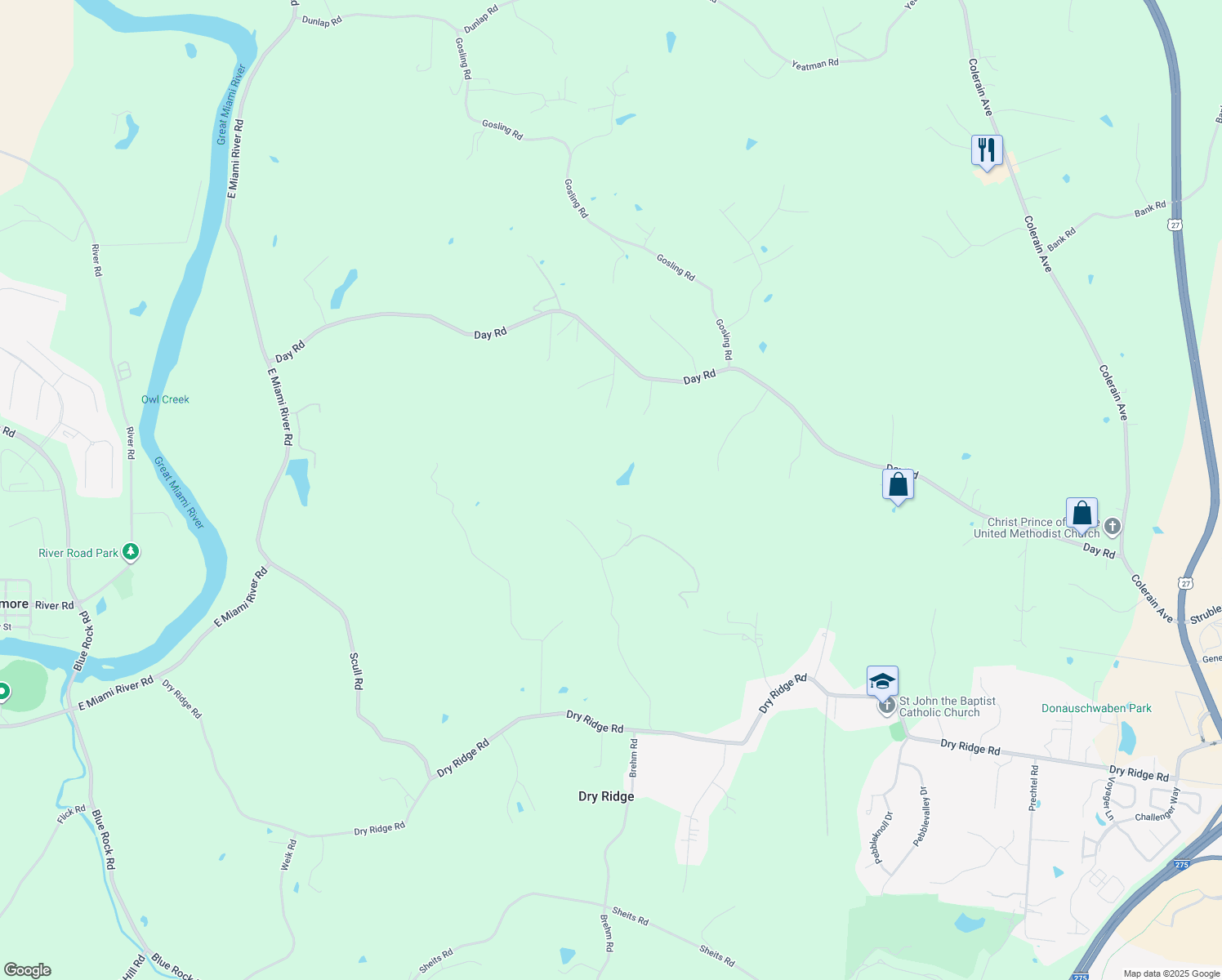 map of restaurants, bars, coffee shops, grocery stores, and more near 10382 Owl Creek Road in Cincinnati