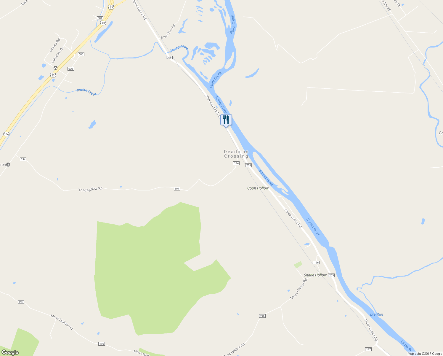 map of restaurants, bars, coffee shops, grocery stores, and more near 1761 Toad Hollow Road in Chillicothe