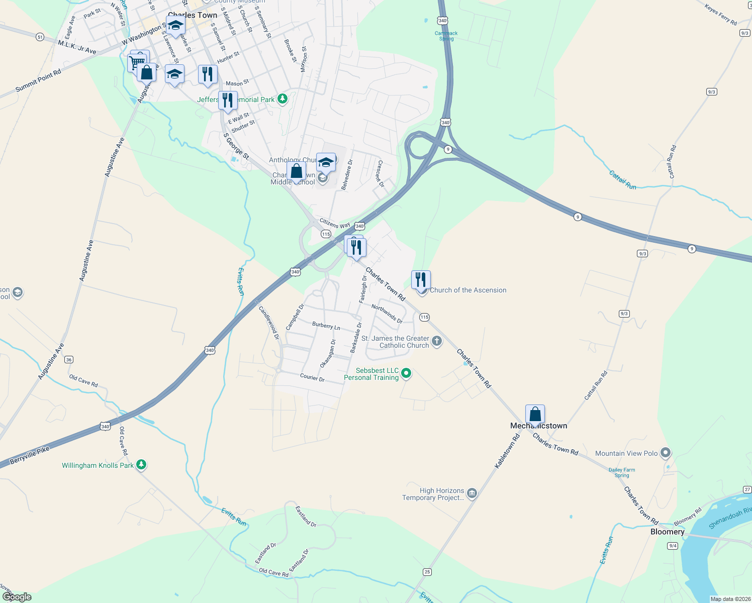 map of restaurants, bars, coffee shops, grocery stores, and more near 655 Crosswinds Dr in Charles Town