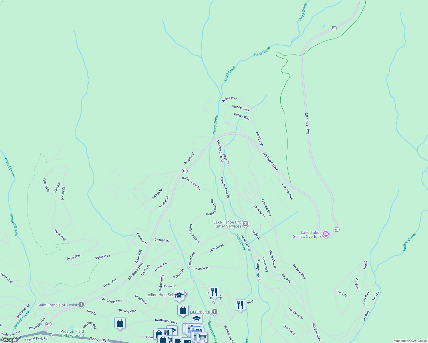 map of restaurants, bars, coffee shops, grocery stores, and more near 951 Divot Court in Incline Village