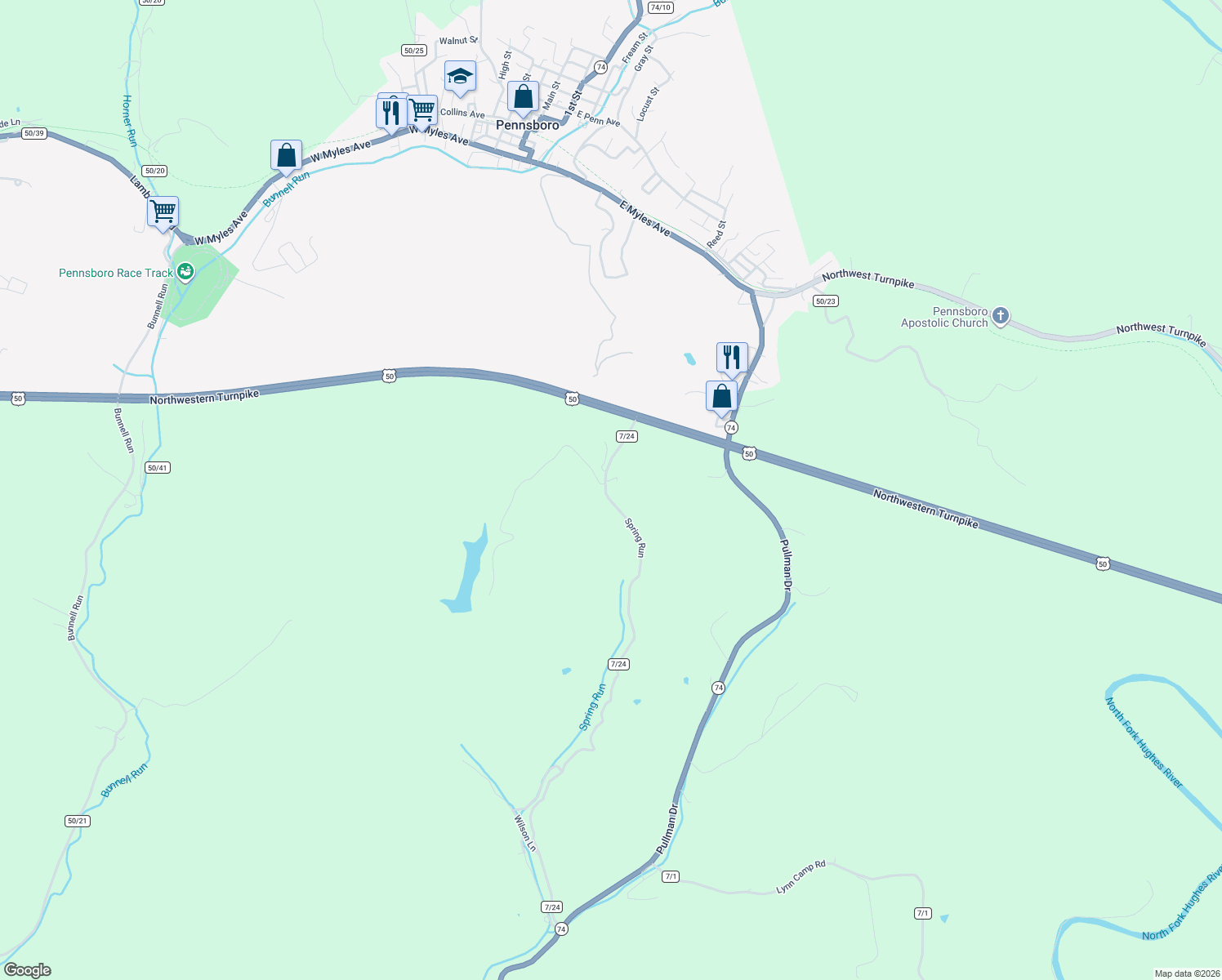 map of restaurants, bars, coffee shops, grocery stores, and more near 226 U.S. 50 in Pennsboro