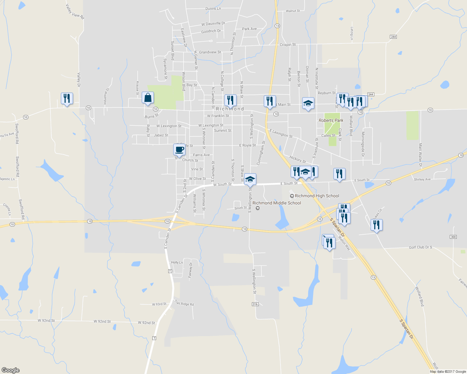 map of restaurants, bars, coffee shops, grocery stores, and more near 111 East South Street in Richmond