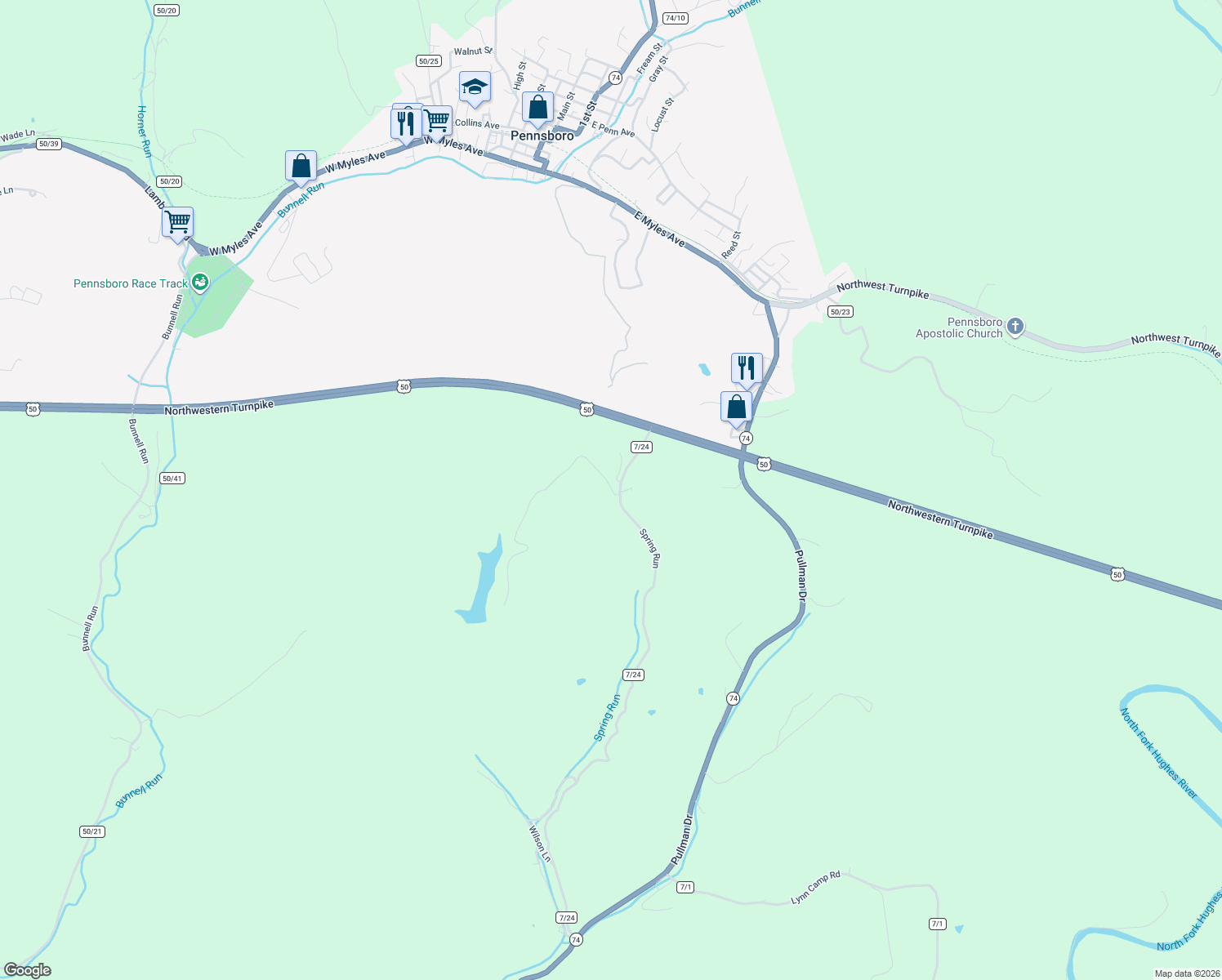 map of restaurants, bars, coffee shops, grocery stores, and more near 226 U.S. 50 in Pennsboro