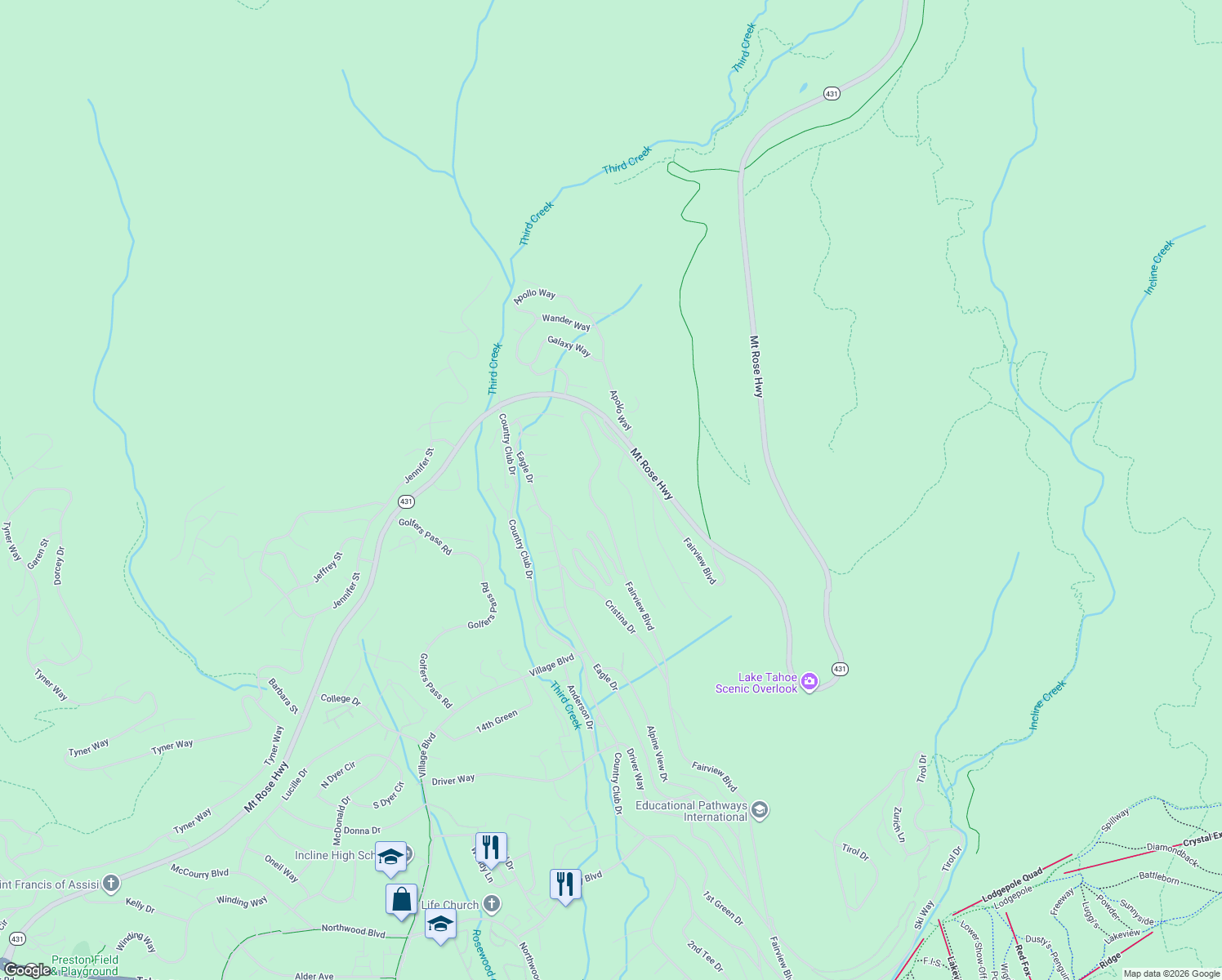 map of restaurants, bars, coffee shops, grocery stores, and more near 776 Mount Rose Highway in Incline Village