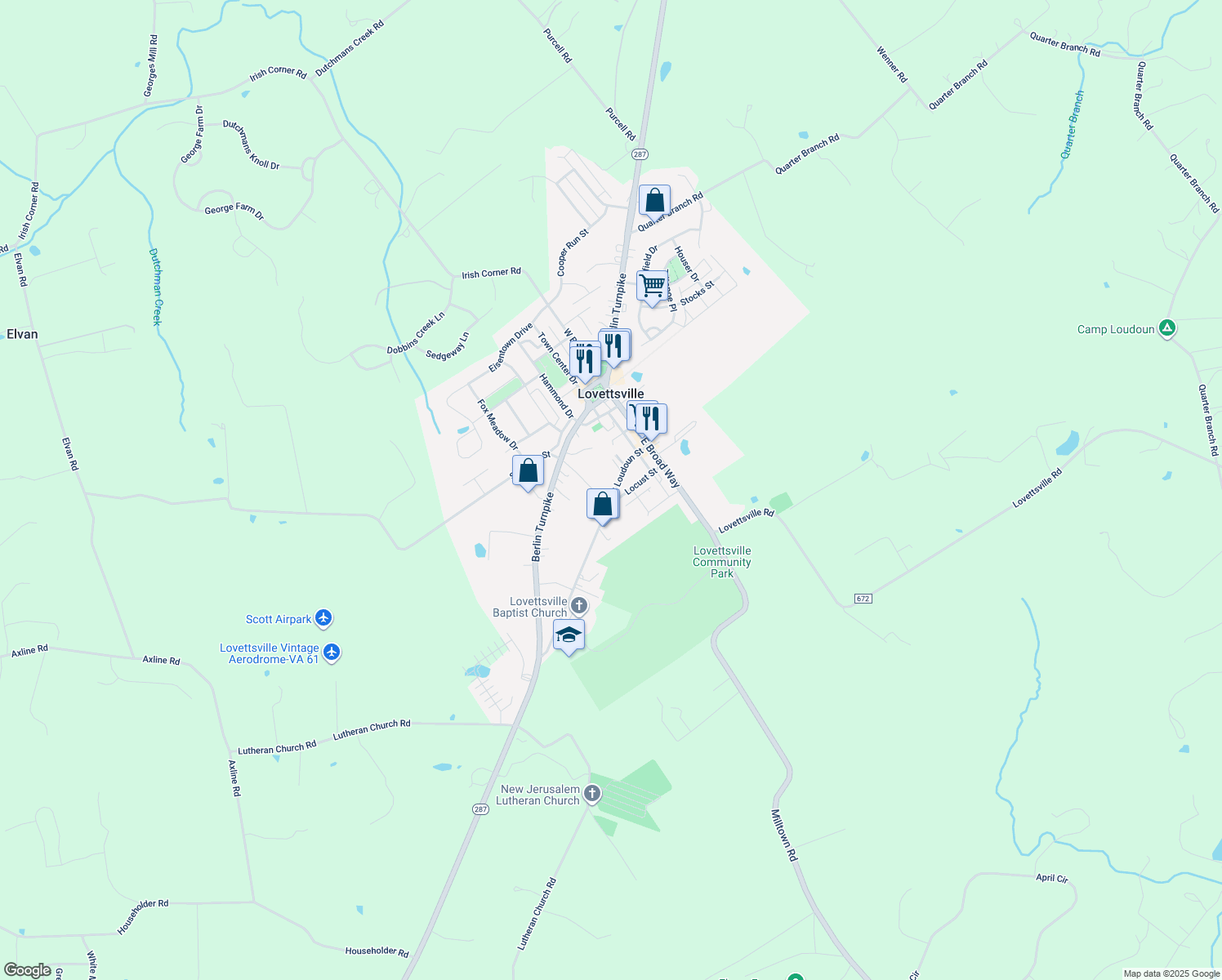 map of restaurants, bars, coffee shops, grocery stores, and more near 16 South Loudoun Street in Lovettsville