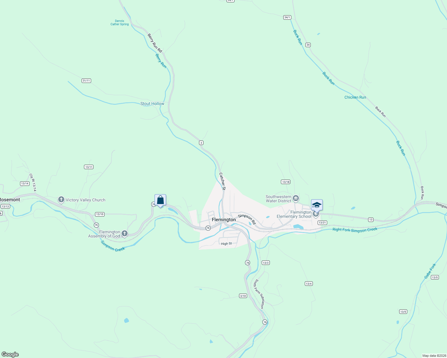 map of restaurants, bars, coffee shops, grocery stores, and more near 342 Berry Run Road in Flemington