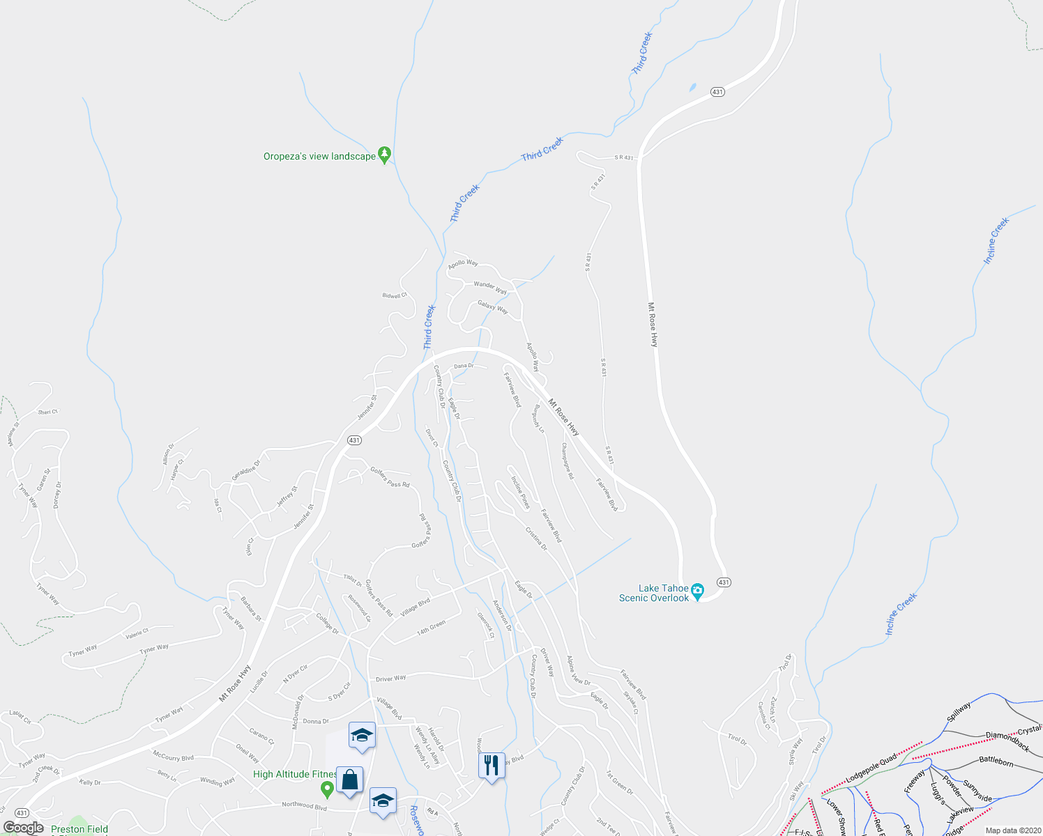 map of restaurants, bars, coffee shops, grocery stores, and more near 776 Mount Rose Highway in Incline Village