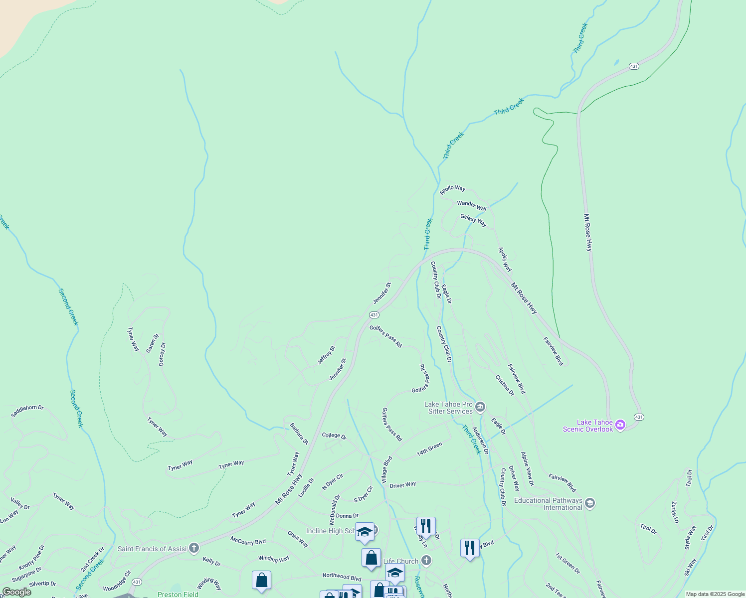 map of restaurants, bars, coffee shops, grocery stores, and more near 908 Jennifer Street in Incline Village
