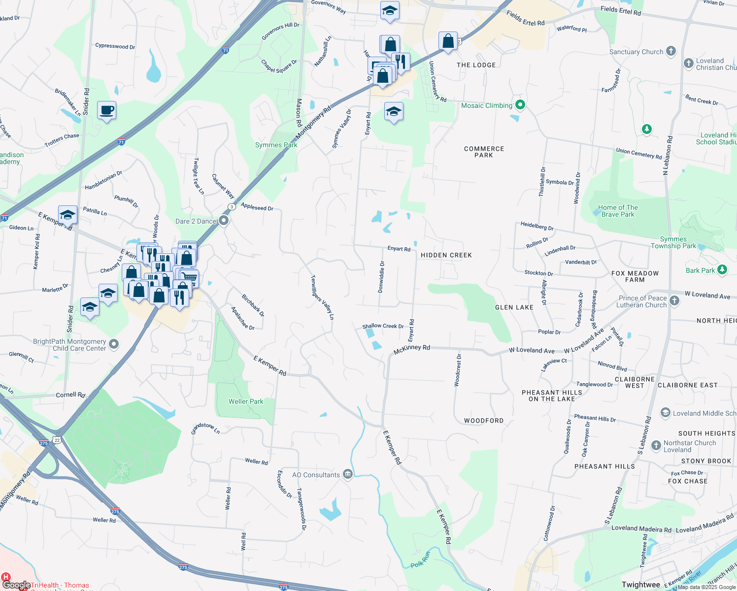 map of restaurants, bars, coffee shops, grocery stores, and more near 9206 Souffle Circle in Loveland
