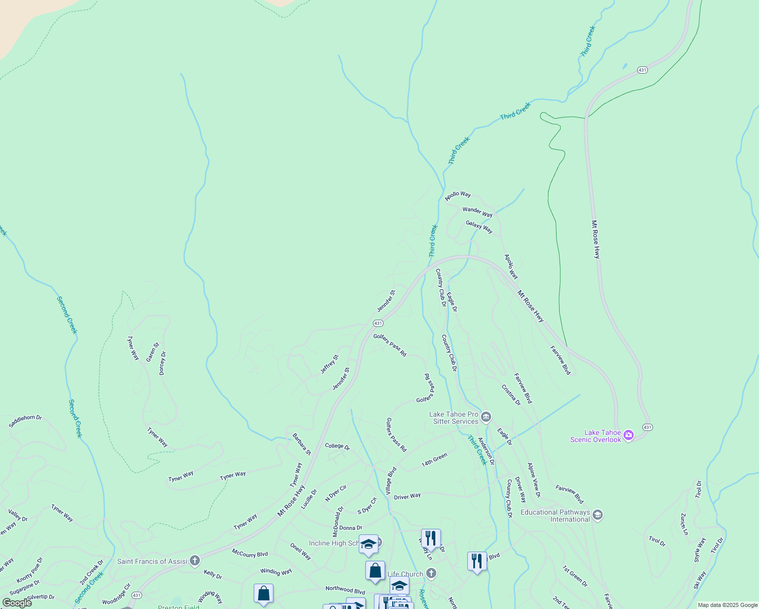 map of restaurants, bars, coffee shops, grocery stores, and more near 908 Jennifer St in Incline Village