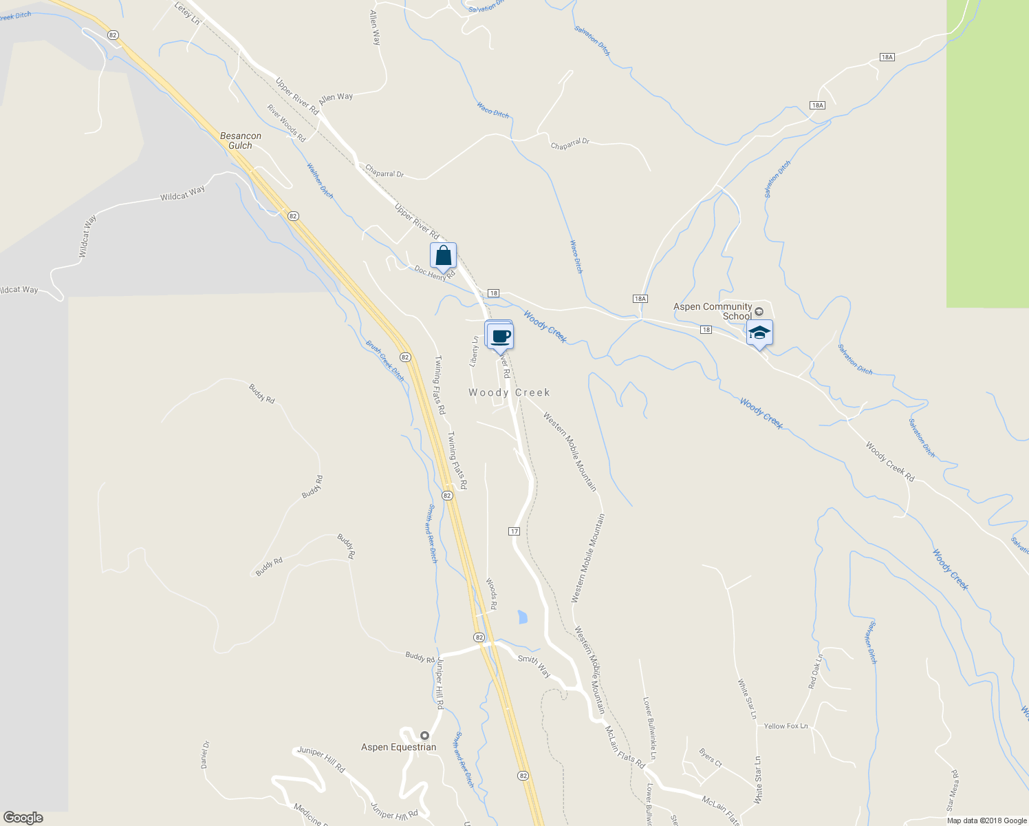 map of restaurants, bars, coffee shops, grocery stores, and more near 105 River Rock Lane in Aspen