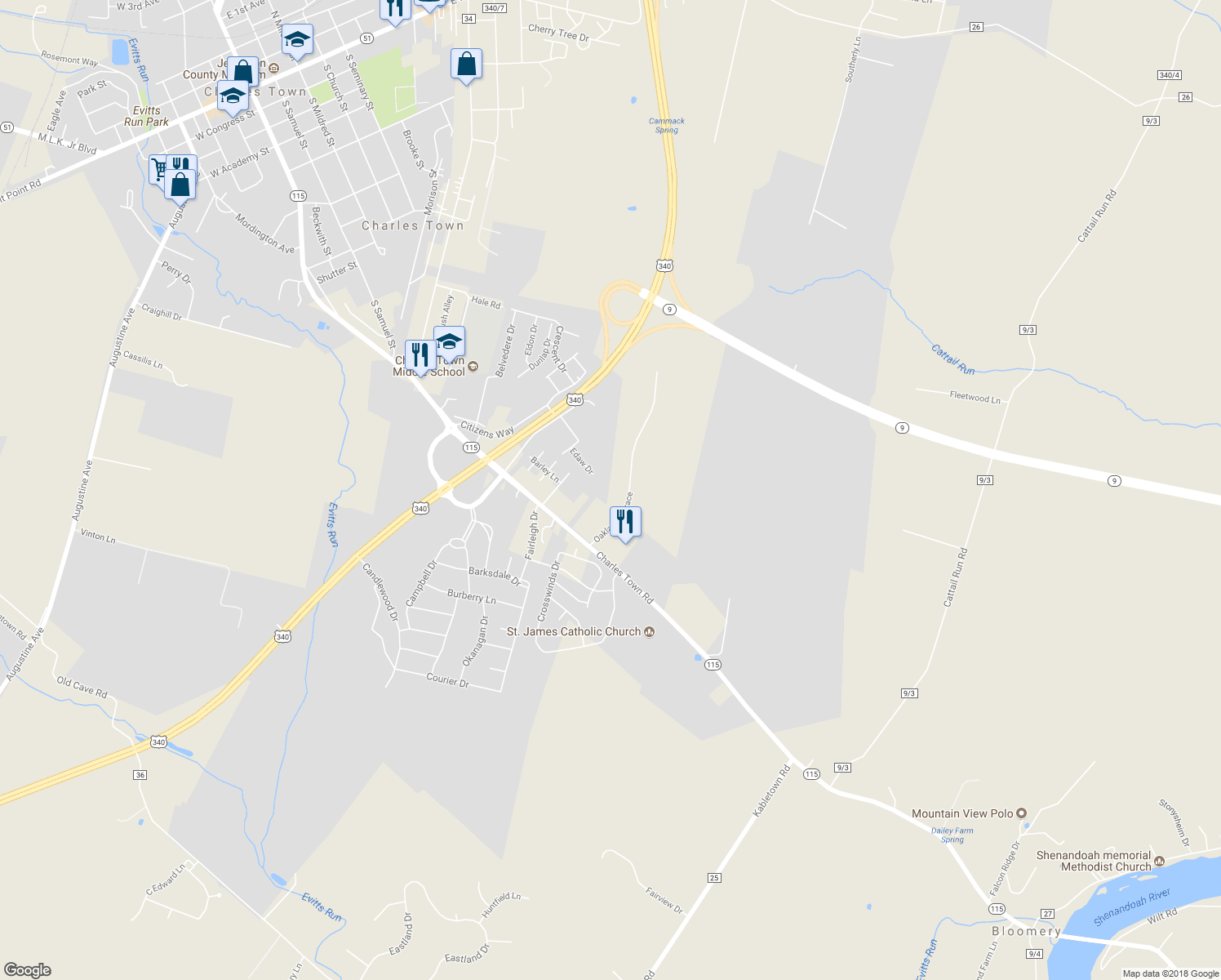 map of restaurants, bars, coffee shops, grocery stores, and more near 185 Oakland Terrace in Charles Town