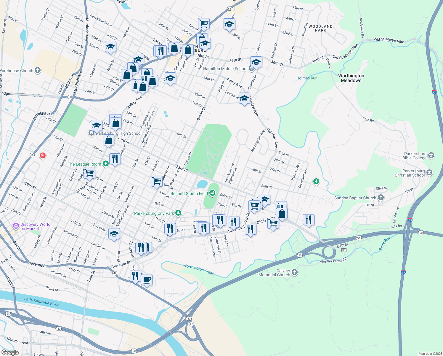 map of restaurants, bars, coffee shops, grocery stores, and more near 2307 Brooklyn Ave in Parkersburg