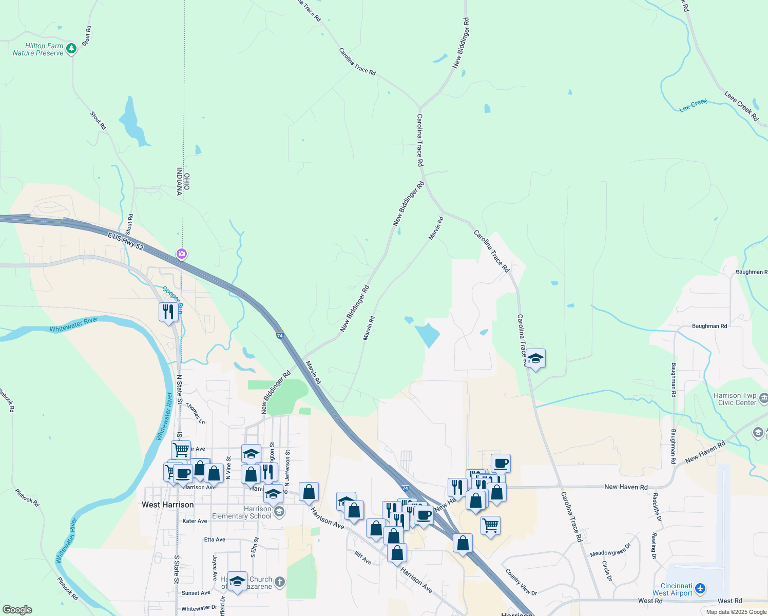 map of restaurants, bars, coffee shops, grocery stores, and more near 10580 Marvin Road in Harrison