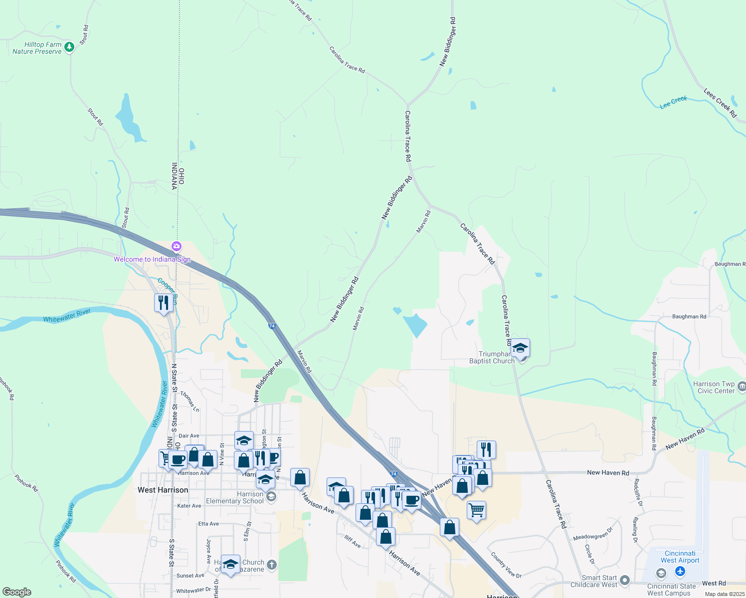 map of restaurants, bars, coffee shops, grocery stores, and more near 10580 Marvin Road in Harrison