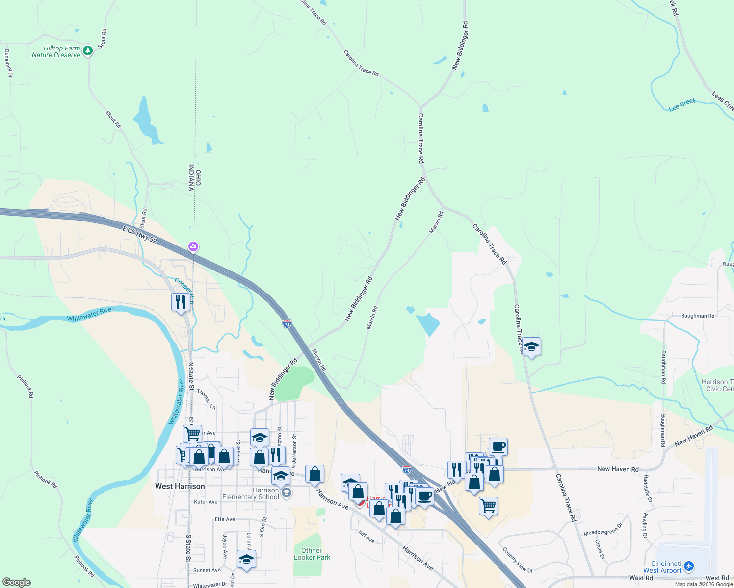 map of restaurants, bars, coffee shops, grocery stores, and more near 10648 New Biddinger Road in Harrison